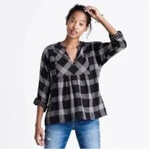 Madewell Black Plaid Flannel Peplum babydoll Top Size XS academica, preppy fall